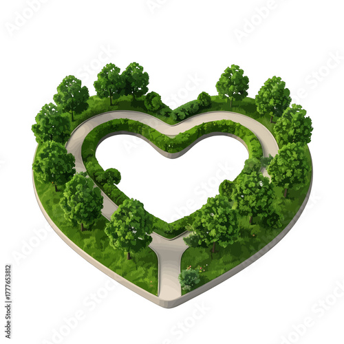 Heart Shaped Garden With Lush Green Trees And Winding Paths A Beautiful Outdoor Landscape Scene With Natural Beauty