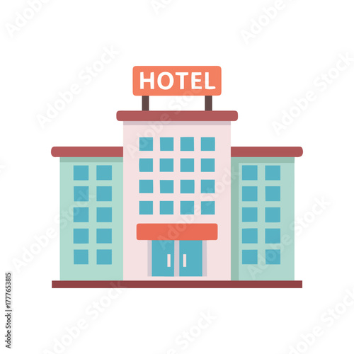 Flat illustration of a hotel building with a sign that says hotel