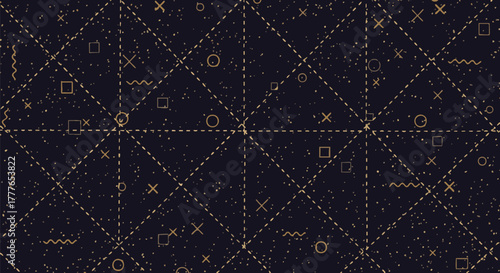 A dark, speckled background featuring a geometric pattern of golden dashed lines forming diamonds and intersecting grids