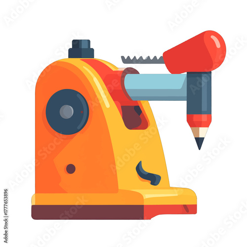 Orange and Red Pencil Sharpener with Blue Pencil and Serrated Edge Detail on a White Background