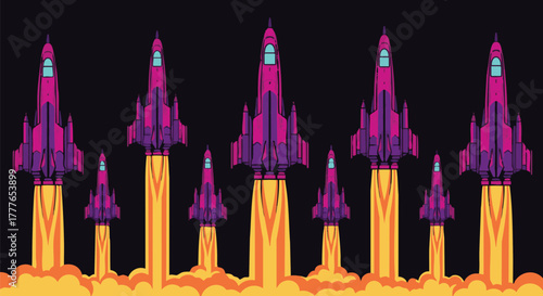 A fleet of stylized, purple and pink rockets launch upwards against a dark background, emitting vibrant orange flames