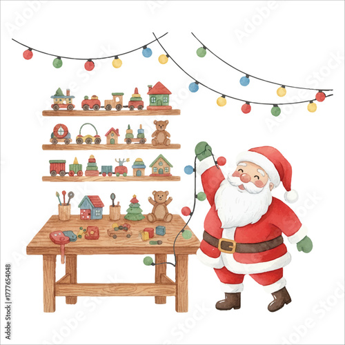 Santa Decorating Toy Workshop Watercolor Illustration
