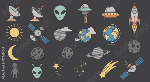 A fun, hand-drawn flat icon set featuring various space and astronomy elements like aliens, planets, rockets, and satellites on a dark background