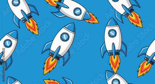 A playful and vibrant cartoon pattern featuring multiple white and blue rockets launching with fiery exhaust against a solid blue background