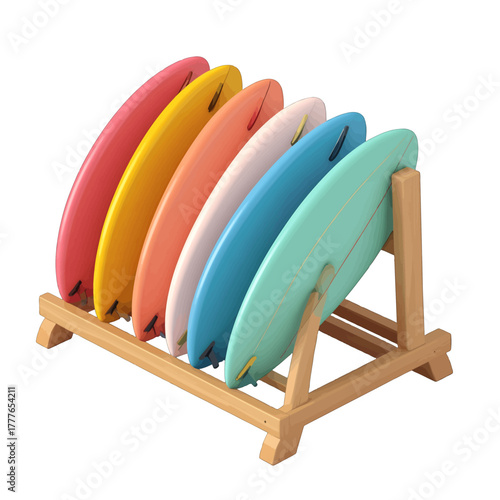 Collection of Six Colorful Surfboards Lined Up on a Natural Wood Rack Displaying a Range of Pastel Hues and Vibrant Shades Ready for Ocean Waves