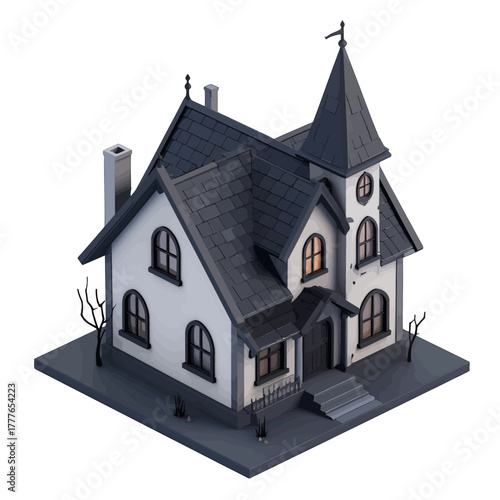 Isolated pixel art haunted house with dark grey roof and white walls featuring a tall turret and glowing windows on a dark base.