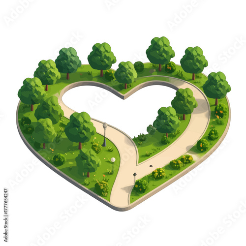 Heart Shaped Park With Lush Green Trees Winding Paths and Blooming Flowers Under Daylight