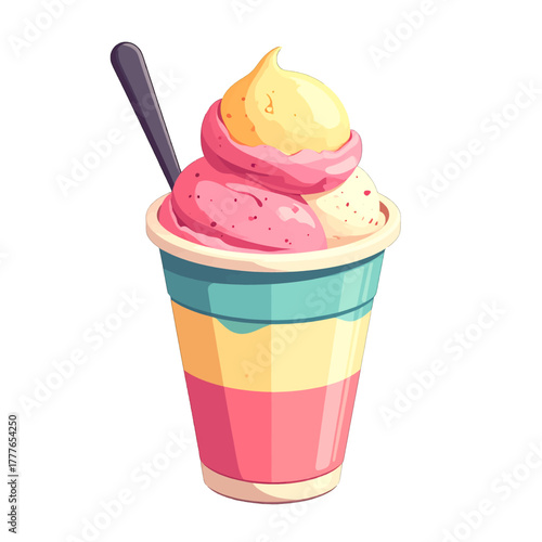 Pixel art layered dessert with pink yellow and blue hues topped with soft serve and a spoon in a clear cup on a white background