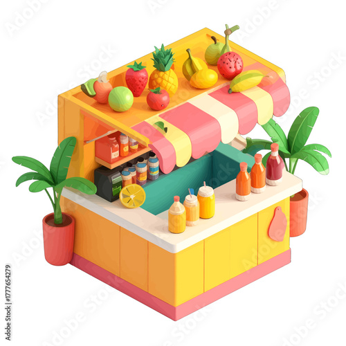 Vibrant Isometric Fruit Stand Offering Refreshing Juices and Tropical Fruits Under a Striped Awning with Lush Green Plants