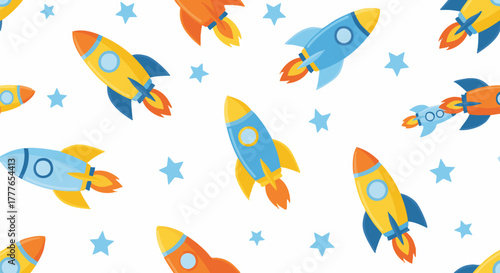 A playful, repeating pattern of colorful cartoon rockets and light blue stars against a clean white background