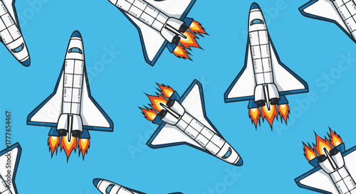 A playful, seamless pattern of cartoon space shuttles with fiery exhaust flames against a bright blue background
