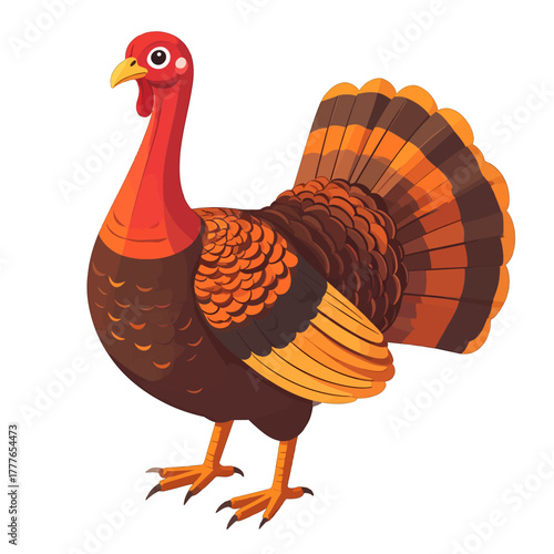 A Pixel Art Illustration of a Thanksgiving Turkey with Orange Brown and Black Feathers Standing Tall with a Red Neck and Yellow Beak