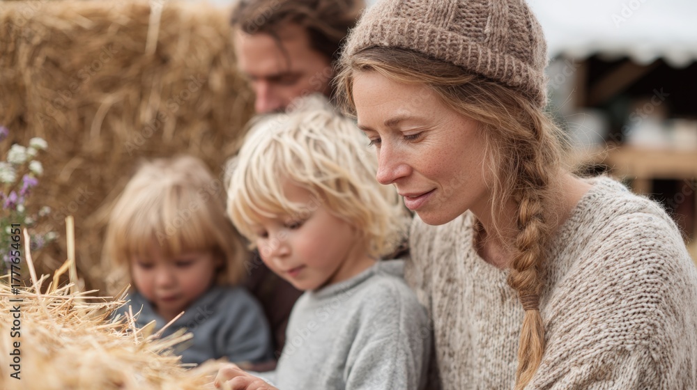 Obraz premium Family of three - a mother, father, and two young children - in a field of hay bales.