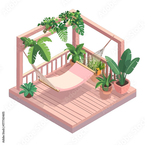 Pixel Art Tropical Balcony With Hammock And Lush Green Plants In Sunlight