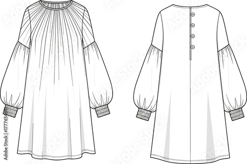 Fotografie Fashion dress flat sketch, bishop sleeve garment design, gathered neckline, back