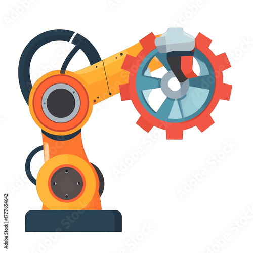 Orange Robotic Arm with Red Gear Gripped in a Mechanical Assembly on a White Background Industrial Automation Concept