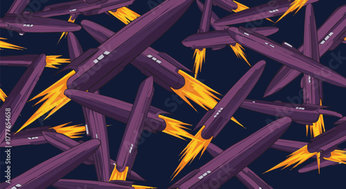 A seamless pattern of purple rockets blasting off with vibrant orange flames against a dark blue background
