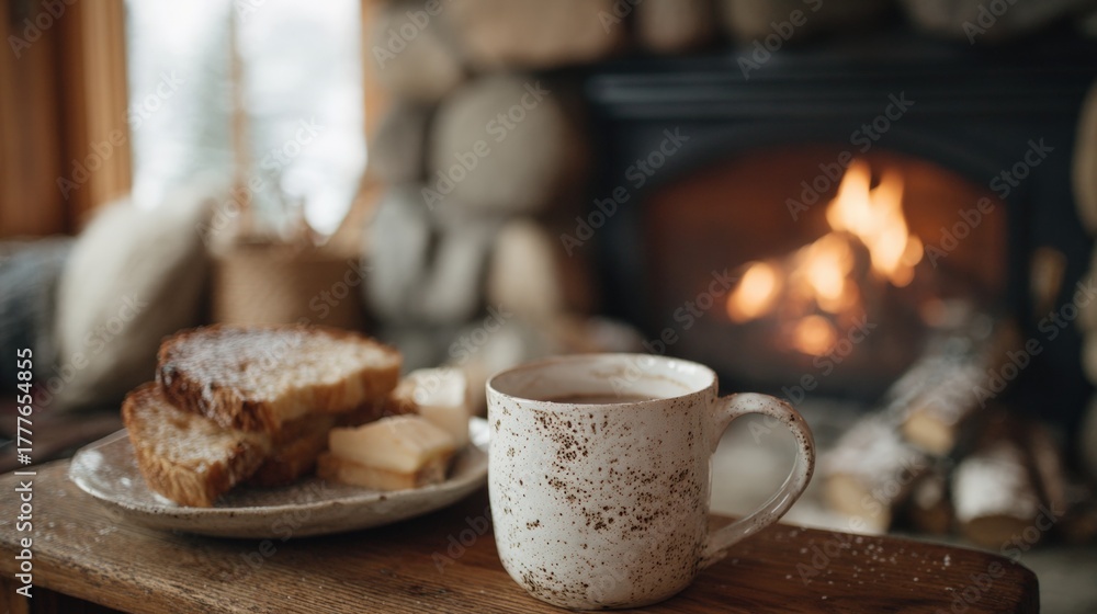 Fototapeta premium Wooden table with a plate of toast and a cup of coffee on it. the plate is on the left side of the table and the cup is in the center.