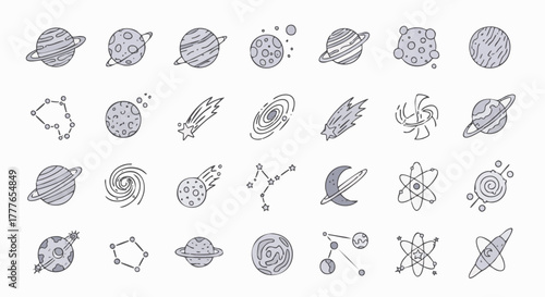 A versatile set of hand-drawn space and science icons featuring planets, stars, galaxies, comets, and atoms