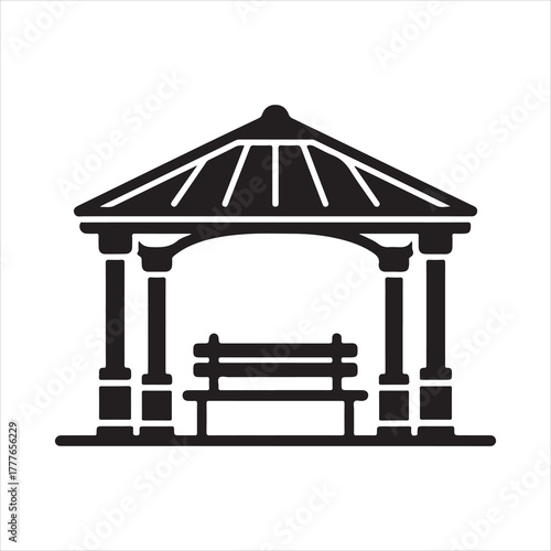 Black gazebo icon featuring bench and roof design representing peaceful garden rest area and architectural landscape design