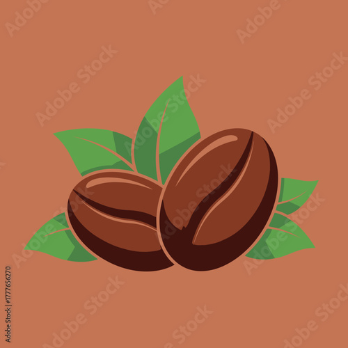 Coffee Beans Illustration with Green Leaves on Brown Background.
