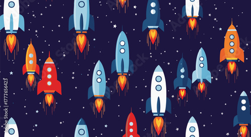 A vibrant seamless pattern features colorful rockets launching upwards against a dark blue starry space background