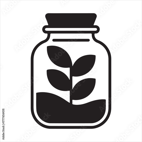 Black plant in glass jar icon depicting organic life, ecology, conservation, and nature preservation illustration