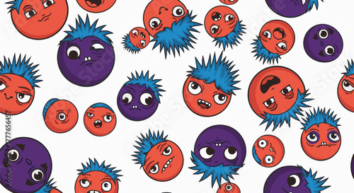 A vibrant, seamless pattern featuring a variety of cartoonish, whimsical monsters with expressive faces in red and blue