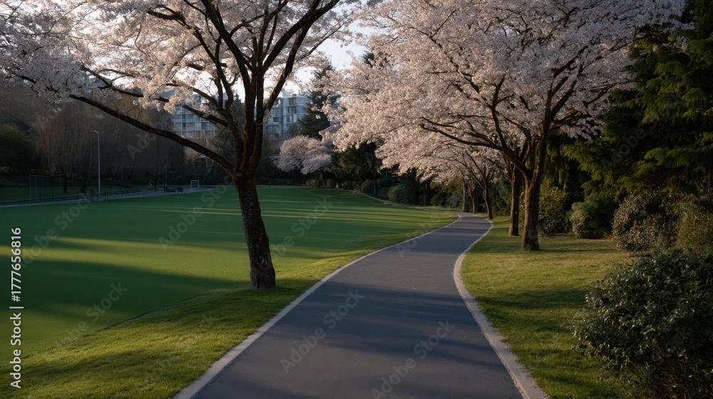 Obraz premium Serene Pathway Through Cherry Blossom Trees in a Park During Early Morning Light