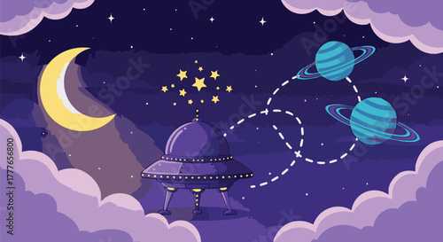 A whimsical cartoon illustration depicts a UFO hovering in a starry night sky with a crescent moon and ringed planets