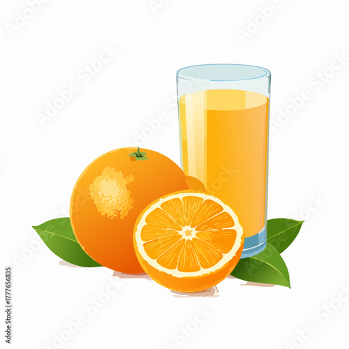 Verre de jus d'orange, orange entière, orange coupée, le plein de vitamines C ! Isolé sur fond blanc