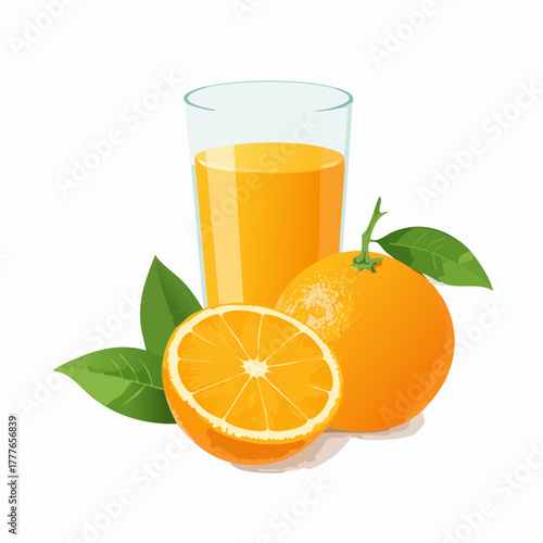 Verre de jus d'orange, orange entière, orange coupée, le plein de vitamines C ! Isolé sur fond blanc