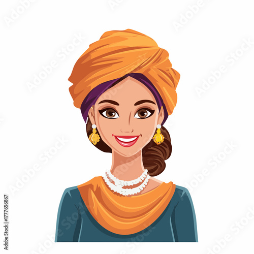 Joli portrait d'une femme orientale sublime, coloré, porte un voile dans les cheveux, souriante, glamour