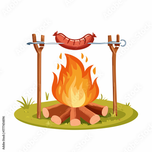 Joli petit feu de camp, avec une saucisse en train de griller sur une broche