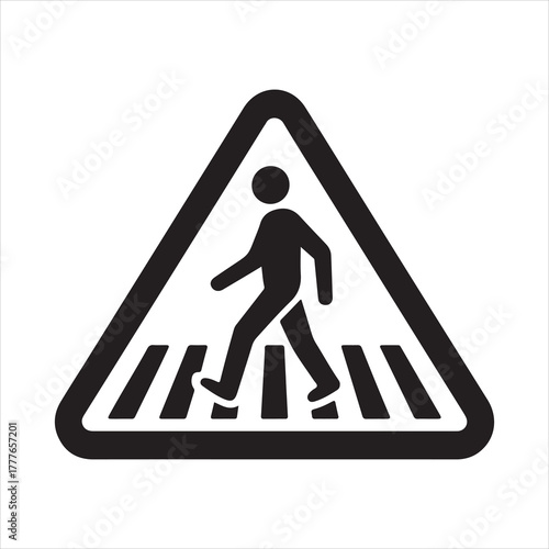 Minimal road warning sign featuring pedestrian walking on zebra crossing symbolizing safety, awareness, and transportation guidance illustration