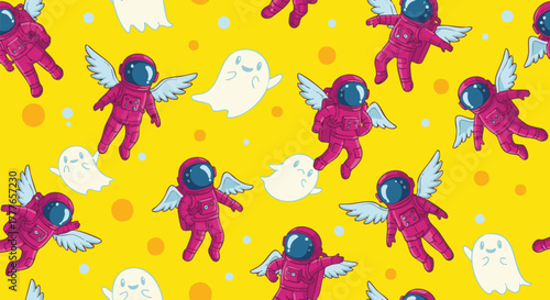 A whimsical seamless pattern featuring purple astronauts with wings floating alongside cute ghosts against a vibrant yellow background with colorful polka dots