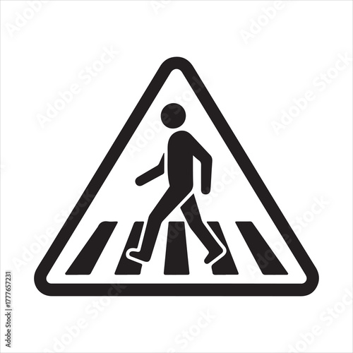 Triangular pedestrian crossing sign with walking person symbol representing road safety, urban transport, and caution traffic icon design