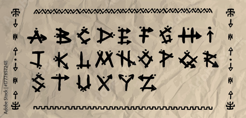 African mexican English alphabet featuring tribal geometric font with stone effect and doodle forms. Ethnic style reflecting western tribe age aesthetics on crumpled old papyrus paper. Vector