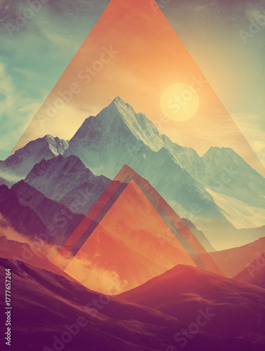 Vintage poster with abstract mountain shapes and faded cinematic glow