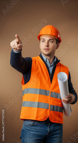 Construction project manager in a hard hat and safety vest pointing forward. Vertical portrait of a professional engineer holding blueprints and giving instructions.