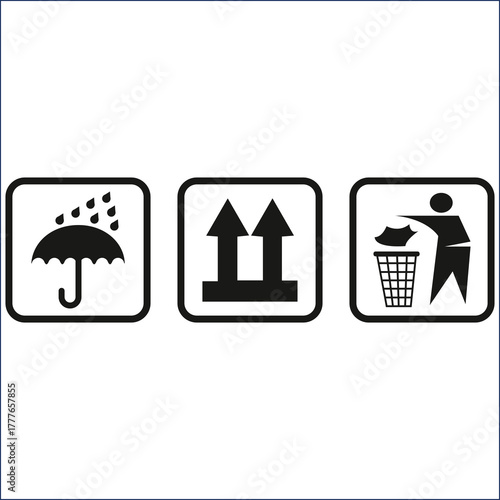 Packaging symbols indicating keep dry this side up and dispose properly Vector