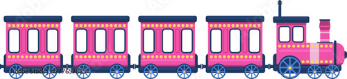 Pink toy steam locomotive pulling four passenger cars