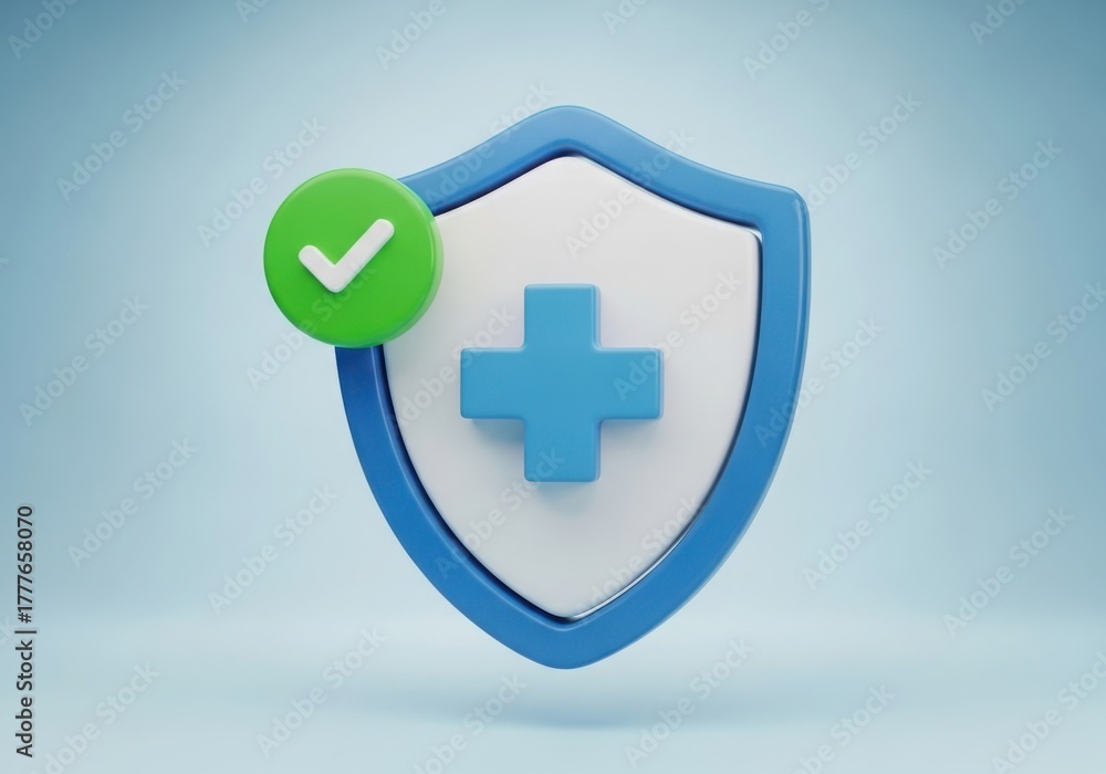Fototapeta premium 3d shield with medical cross and green checkmark for health security