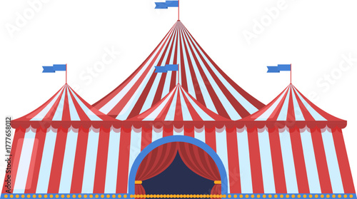 Traditional red and white striped circus tent with flags