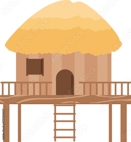 Tropical stilt house with thatch roof isolated