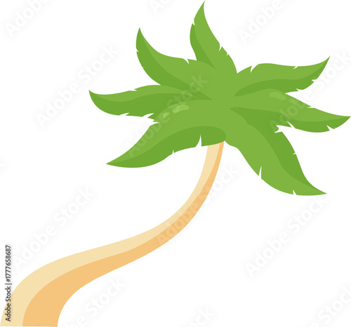Palm tree with bent trunk and green leaves
