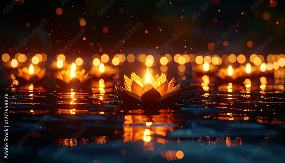 Obraz premium Floating Lotus Candles on Water with Reflections. Peaceful Diwali Festival of Lights Background and Spiritual Atmosphere.