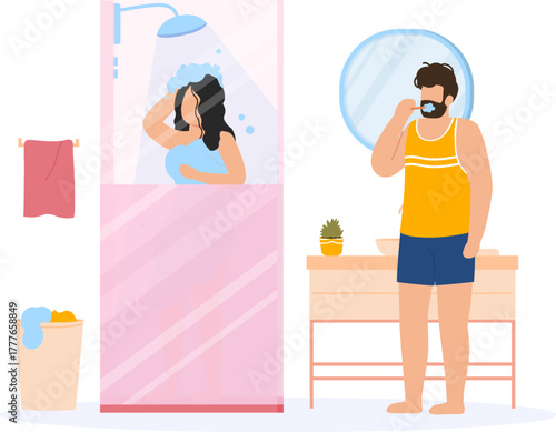 Couple performing morning routine actions in bathroom