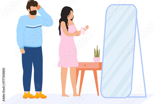 Young couple getting ready, preparing for morning routine