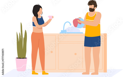 Couple washing dishes doing household chores in kitchen